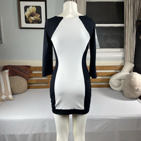 Bebe Bodycon Mini Dress Women’s Small Black White Stretch Side Zip 3/4 Sleeve - Picture 4 of 16